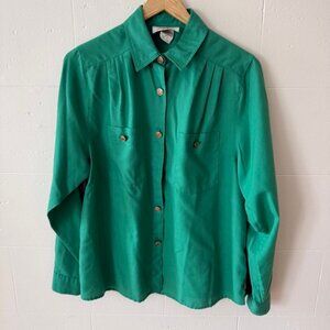 Vintage | Emerald Green Button Up Blouse Gold Buttons Classic | Size Medium